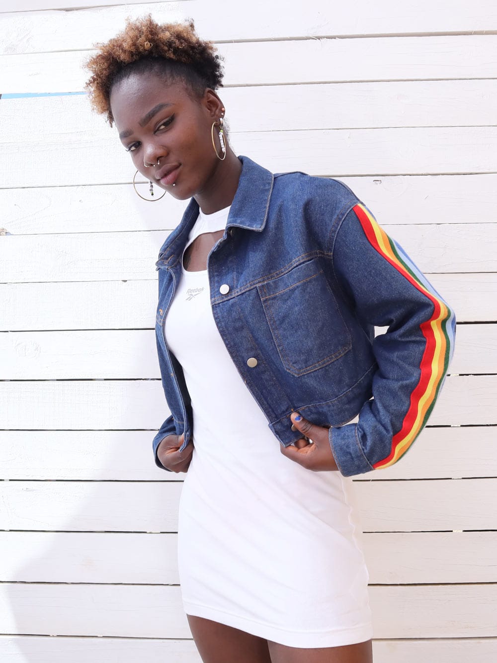 Honey Punch — Rainbow Chaqueta Jeans Estilo Corto · Talla M